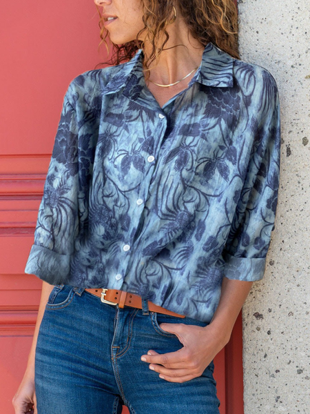 

Shirt Collar Casual Long Sleeve Shirts & Tops, Blue, Blouses & Shirts