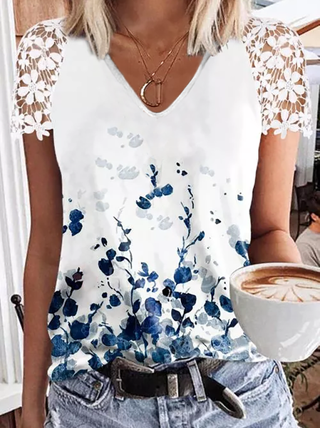 

Scollo a V Maniche Corte Camicie & Top, Bianco, T-Shirts