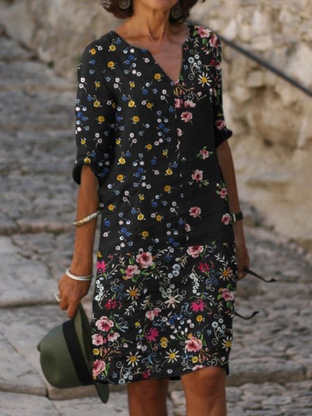 Casuale Floreale 3/4 Manica Scollo a V Abito, Nero, Casual Dresses