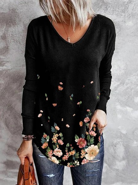 

Cotton-Blend Floral Casual V Neck Shirts & Tops, Black, Long sleeve tops