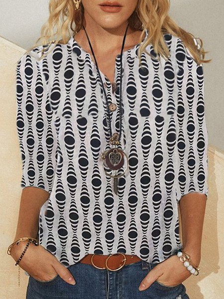 

Long Sleeve V Neck Geometric Casual Shirts & Tops, White, Blouses & Shirts