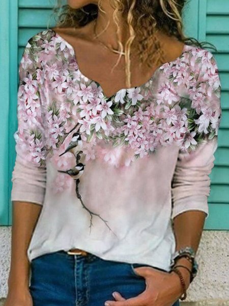 

JFN V Neck Floral Vacation T-Shirt/Tee, Pink, Long sleeve tops