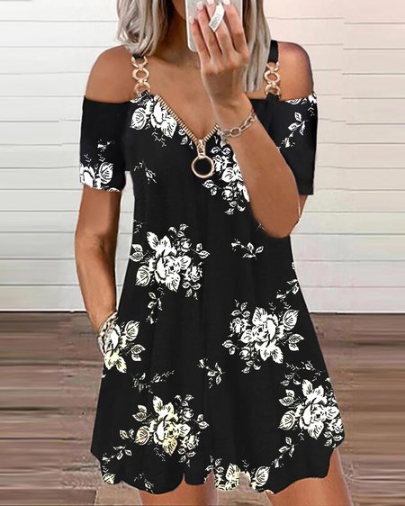 

Abito Floreale Casuale Spalla Nuda Stampato Floreale, Nero, Mini Dresses