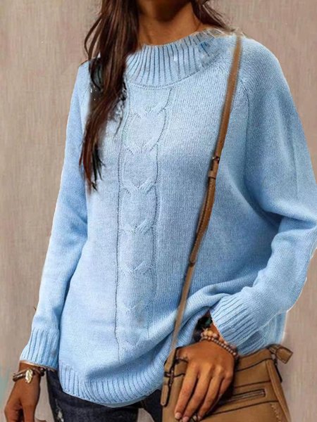 

Crew Neck Long Sleeve Casual Cotton-Blend Sweater, Sky blue, Sweaters