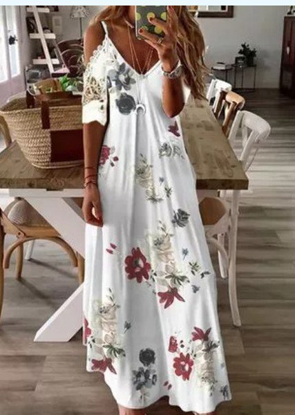 

Floreale Casuale Scollo a V Abito, Bianco, Maxi Dresses