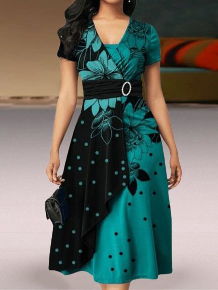 

Vintage Colore-block a pois Stampata Floreale Maniche Corte taglia grande Gonna Casuale, Nero-verde, Midi Dresses