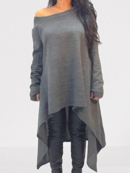 

Vintage Solid Long Sleeve Asymmetrical Plus Size Casual Knitting Dress, Deep gray, Mini Dresses