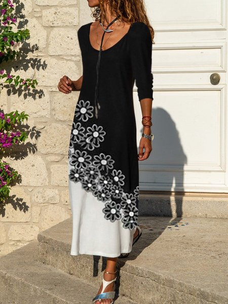 Floral Casual Crew Neck Dresses, White-black, Maxi Dresses