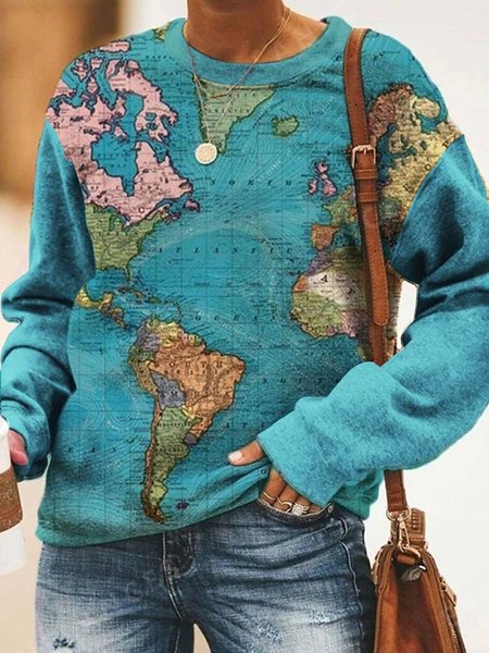 

Long Sleeve Casual Crew Neck Map Sweatshirt, Blue, Sweatshirts & Hoodies