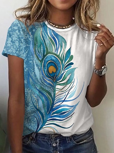 

Women's Painting T shirt Color Block Feather Print Round Neck Basic Tops Blue, T-Shirts