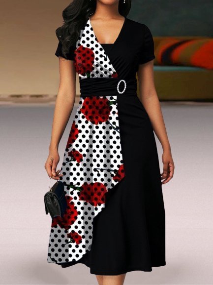 

Vintage Colore-block a pois Stampata Floreale Maniche Corte taglia grande Gonna Casuale, Bianco-nero, Midi Dresses