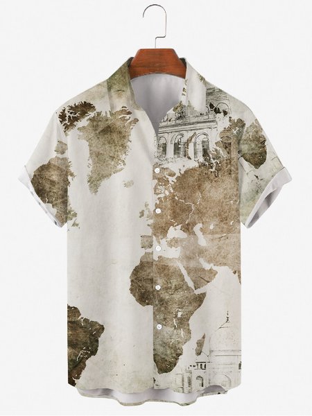 

Mens Map Print Casual Lapel Short Sleeve Hawaiian Shirts, Khaki, Men's Floral shirt