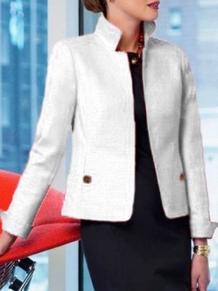 

Long Sleeve Stand Collar Pockets Solid Blazer, White, Blazers