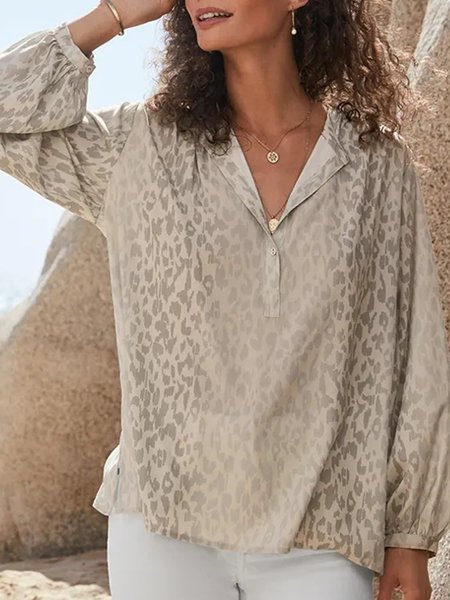 Leopard Casual Blouse, Apricot, Shirts & Blouses