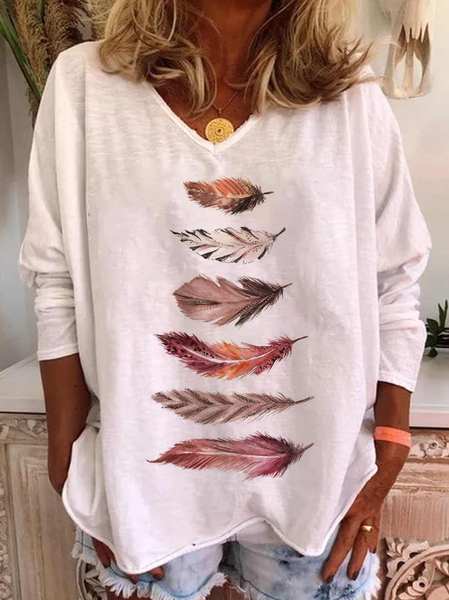 

V-Neck Feather Print Long-Sleeved Womens T-Shirt, White, Tops