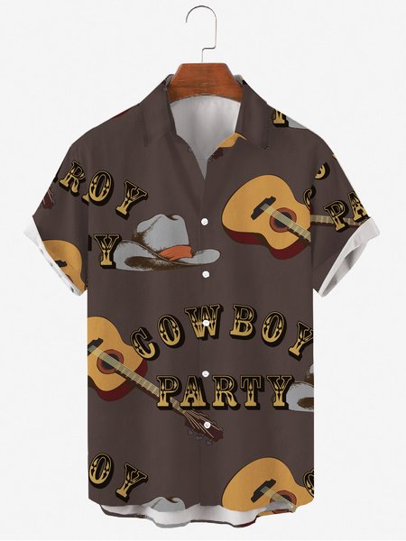 

Mens Cowboy Guitar Print Casual Lapel Short Sleeve Hawaiian Shirts, Brown, Men's Floral shirt