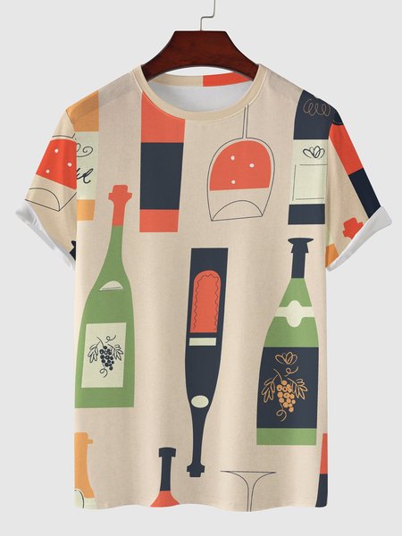 

Mens Wine bottle Printed Short Sleeve Light Casual T-shirts, Khaki, Men's t-shirts