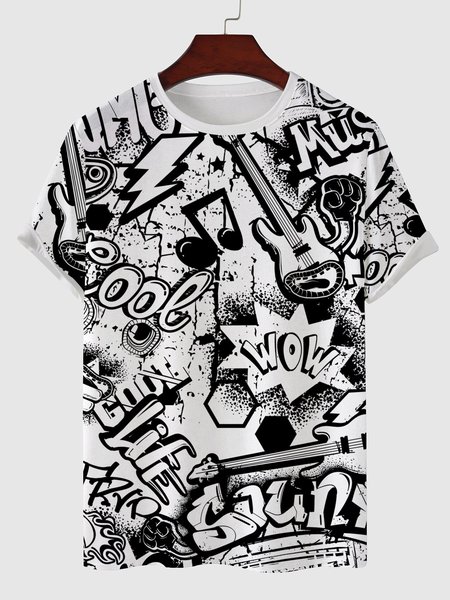 

Mens Punk Music Print Short Sleeve Light Casual T-shirts, White, Men's t-shirts