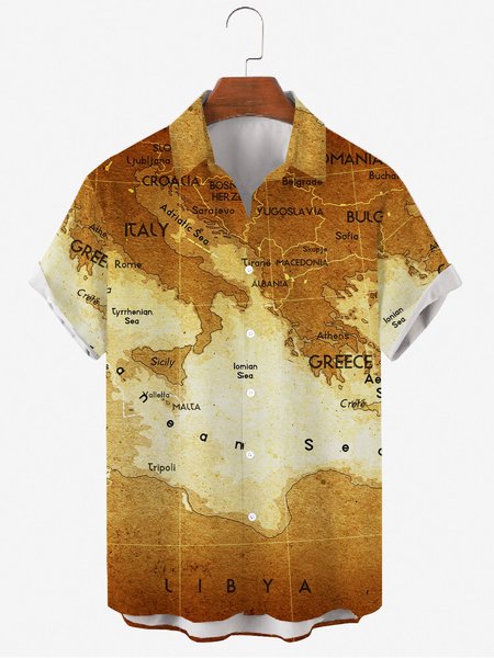 

Mens Map Print Casual Lapel Short Sleeve Hawaiian Shirts, Mustard, Men's Floral shirt