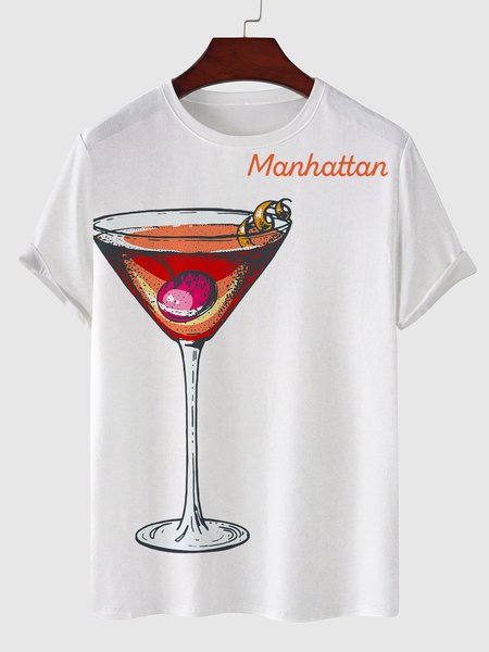 

Mens Wine glass Printed Short Sleeve Light Casual T-shirts, White, Men's t-shirts
