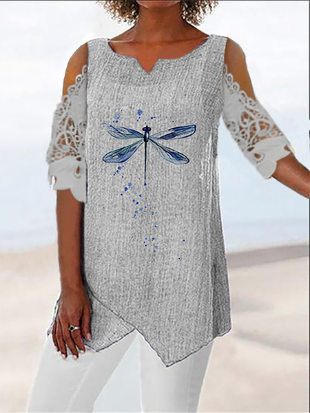 

Plus size V Neck Dragonfly Casual Tops, Gray, Tops