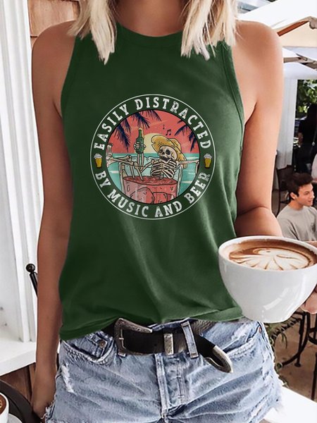 

Easily Distracted By Music And Beer Graphic Sleeveless Tank Top, Dark green, T-shirts