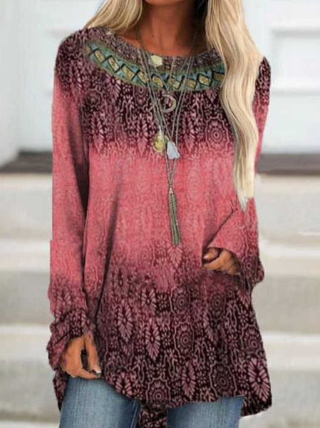 

Casual Floral Print Crew-Neck Long Sleeve LooseT-Shirt, Red, Long sleeve tops