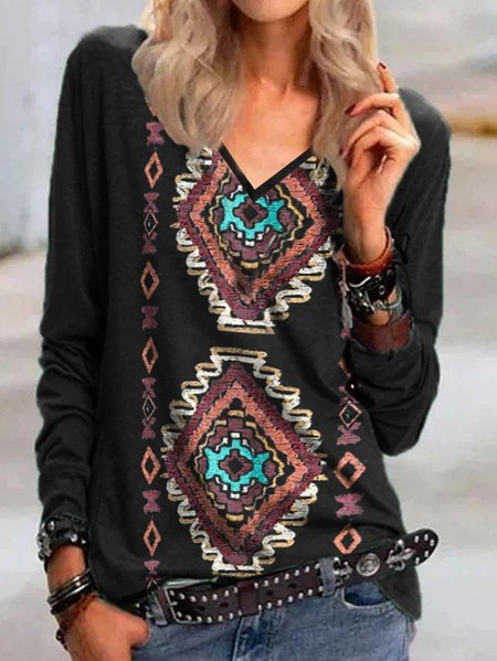 

Tribal V Neck Boho Shirts & Tops, Black, Long sleeve tops