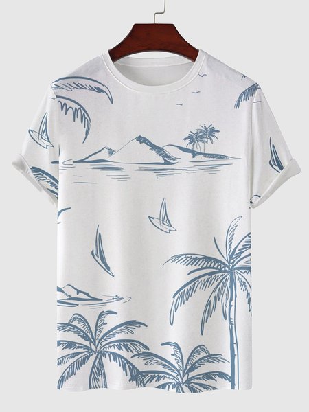

Mens Coconut Tree Printed Short Sleeve Light Casual Hawaiian T-shirts, White, Men's t-shirts