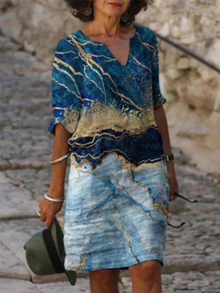 

Statement Scollo a V Geometrico Colorblock Stampato Mezza Manica taglia grande Abito, Blu, Summer dresses