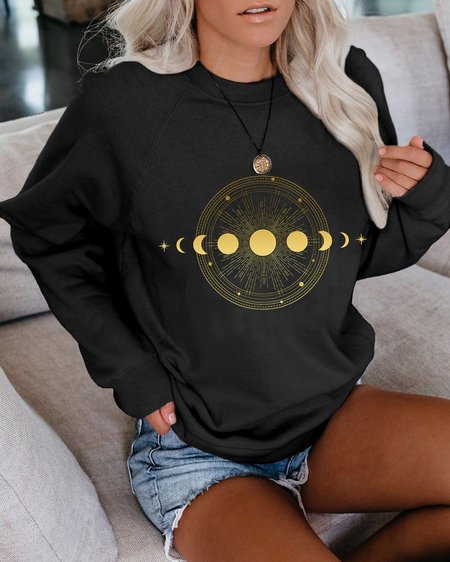 

Sun And Moon Crew Neck Casual Sweatshirt, Black, Hoodies&Sweatshirts