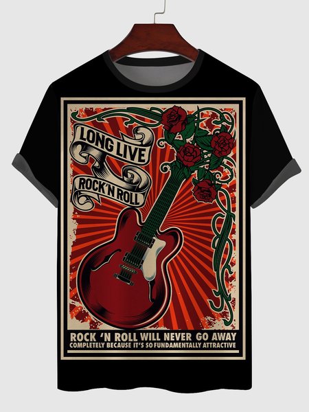 

Mens Retro Guitar Print Short Sleeve Light Casual T-shirts, Black, Men's t-shirts