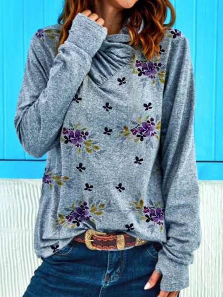 Floral Shift Casual Cotton-Blend Shirts & Tops, Gray, Long sleeve tops
