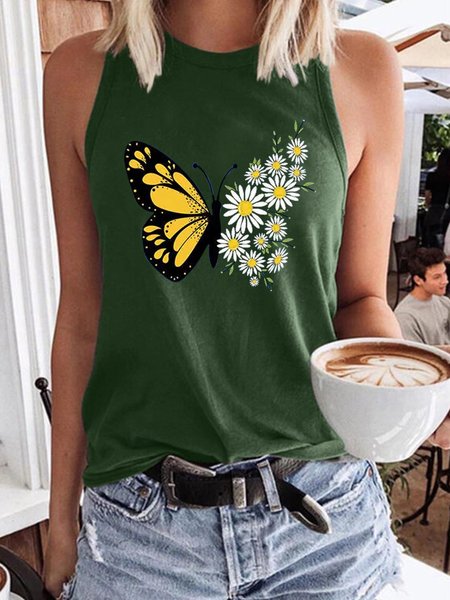 

Butterfly Daisy Women’s Sleeveless Cotton-Blend Crew Neck T-shirt, Dark green, T-shirts