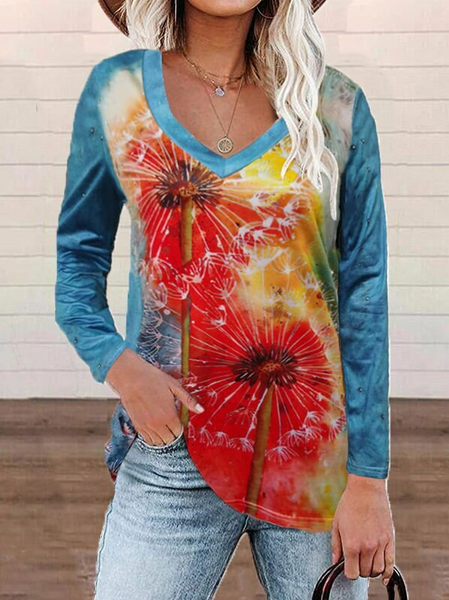 

Long Sleeve V Neck Floral Shift Shirts & Tops, Blue, Long sleeve tops