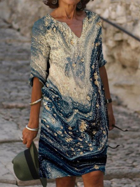 

Vintage Mezza Manica Geometrico Astratto Stampato Scollo a V Gonna Casuale, Multicolore, Linen & Cotton Dresses