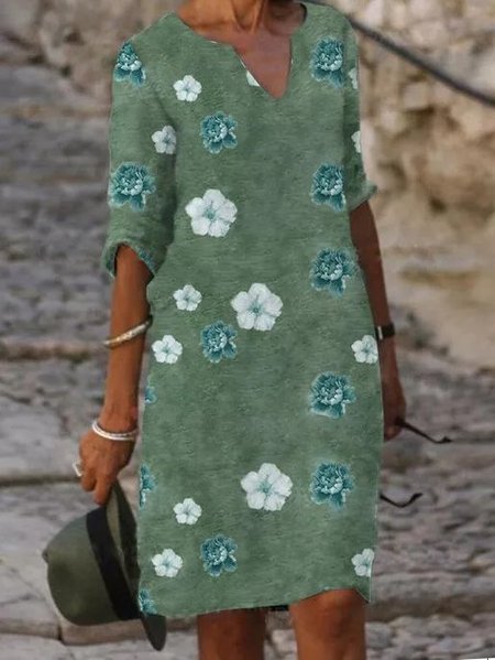 

Abito Scollo a V Mezza Manica Dritto Cotone, Verde, Linen & Cotton Dresses