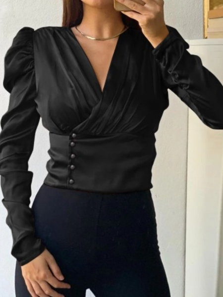 

Work Spring Fall Long Sleeve V Neck A-Line Lady Elegant Tops, Black, Blouses and Shirts