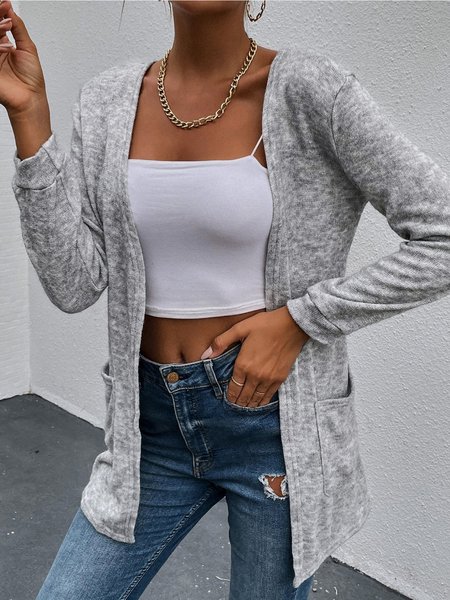 Casual Solid Long Sleeve Cardigan, Gray, Outerwear