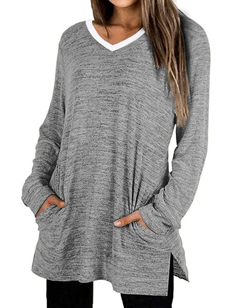 

Womens V Neck Casual Sweatshirts Long Sleeve Shirts Oversized with Pocket Tunic Tops, Gray, Hoodies&Sweatshirts