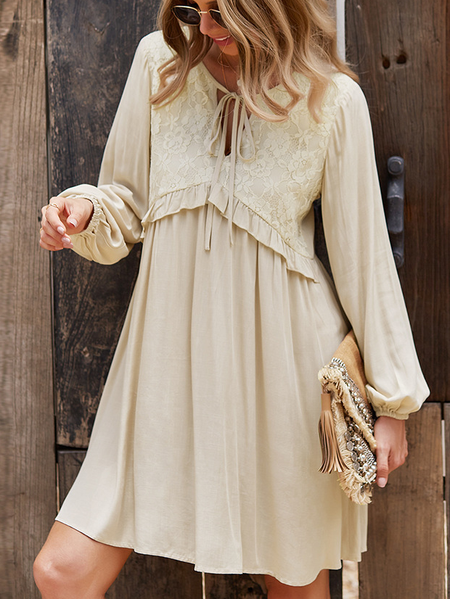 

V Neck A-Line Long Sleeve Dresses, Apricot, Casual Dresses