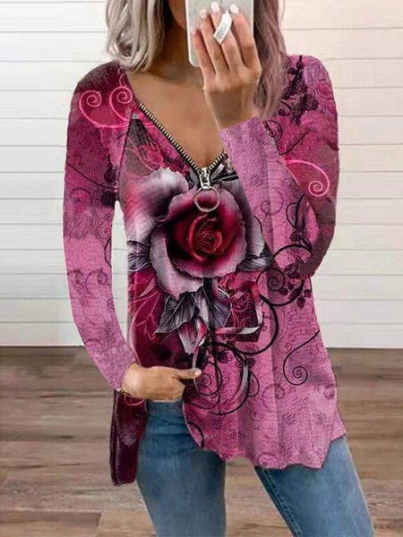 

Stampato Vacanza Scollo a V Maniche Lunghe Camicie & Top, Rosa rosso, Blouses & Shirts