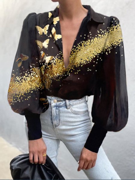 

Elegant Butterfly Long Sleeve Shirt Collar Top, Black, Blouses and Shirts