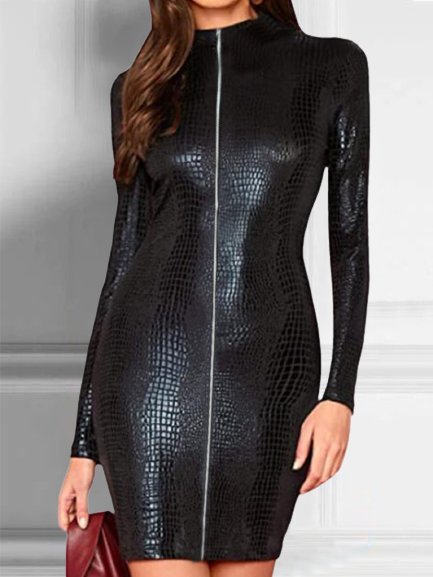

Statement Snakeskin Zipper Long Sleeve Crew Neck Plus Size Casual Weaving Dress, Black, Mini Dresses
