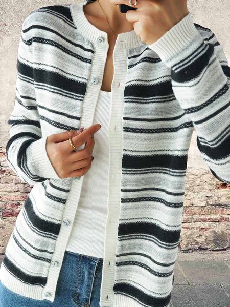 

Casual and simple contrast striped loose knit cardigan, Black white, Cardigans