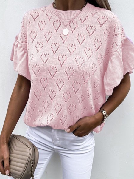

Vintage Short Petal Sleeve Heart-shaped Hollow Plus Size Casual Tops, Pink, Blouses & Shirts