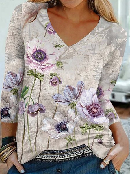 

Floral Cotton-Blend 3/4Sleeve Casual Shirt & Top, Apricot, Long sleeve tops