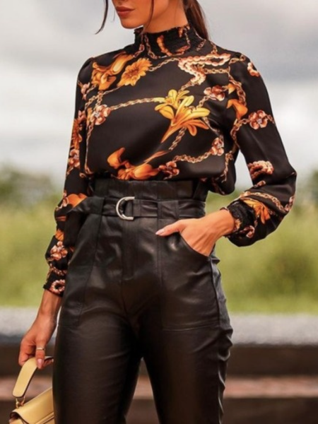 

Spring Fall A-line Stand Collar Simple Long Sleeve Simple Daily Tops, As picture, Blouses and Shirts