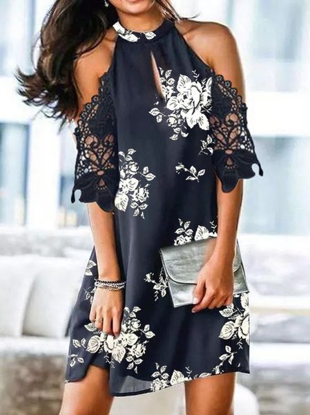 

Scollo a Barchetta Cotone Dritto Mezza Manica Abito, Bianco-nero, Mini Dresses
