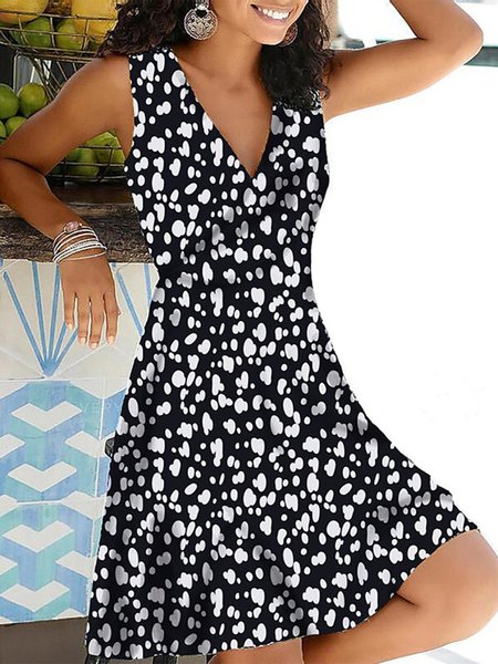 

Vintage Scollo A V Geometrico Stampata Floreale Senza Maniche Taglia Grande Gonna Casuale, Nero, Mini Dresses